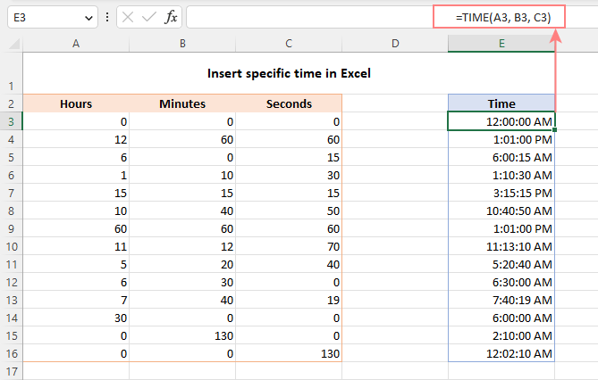Insert specific time in Excel using the TIME function.