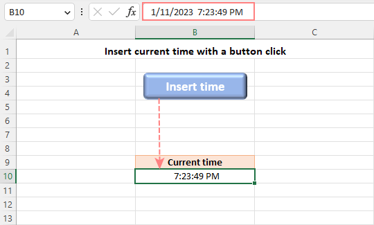Insert current time in Excel with a button click.
