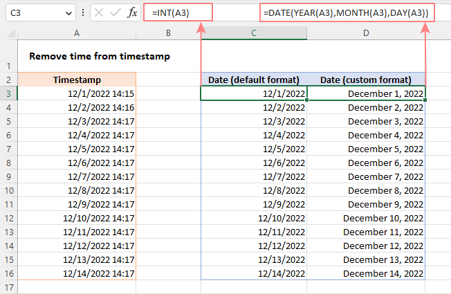 Remove time from a timestamp using a formula.