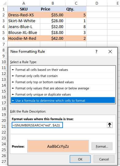 Using ISNUMBER in conditional formatting to highlight cells that contain specific text