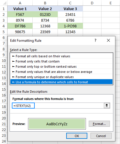 Using ISTEXT with conditional formatting to highlight cells that contain any text