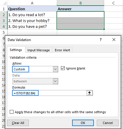 ISTEXT formula to allow only text values in selected cells.