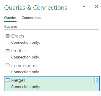 The resulting table saved as a Power Query connection.