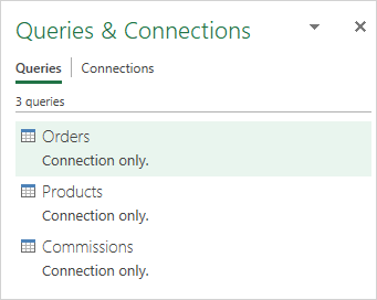 The source tables are saved as Power Query connections.