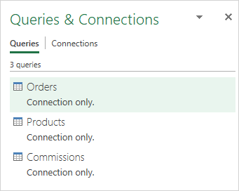 Les tables sources sont enregistrées en tant que connexions Power Query.