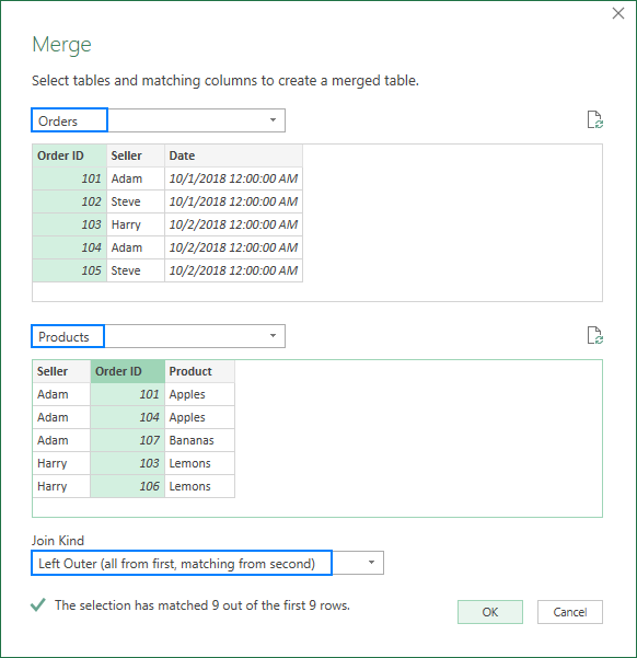 Merging two tables by matching columns in the Power Query Editor