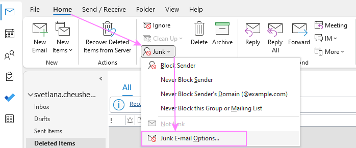 Outlook Junk E-mail Options