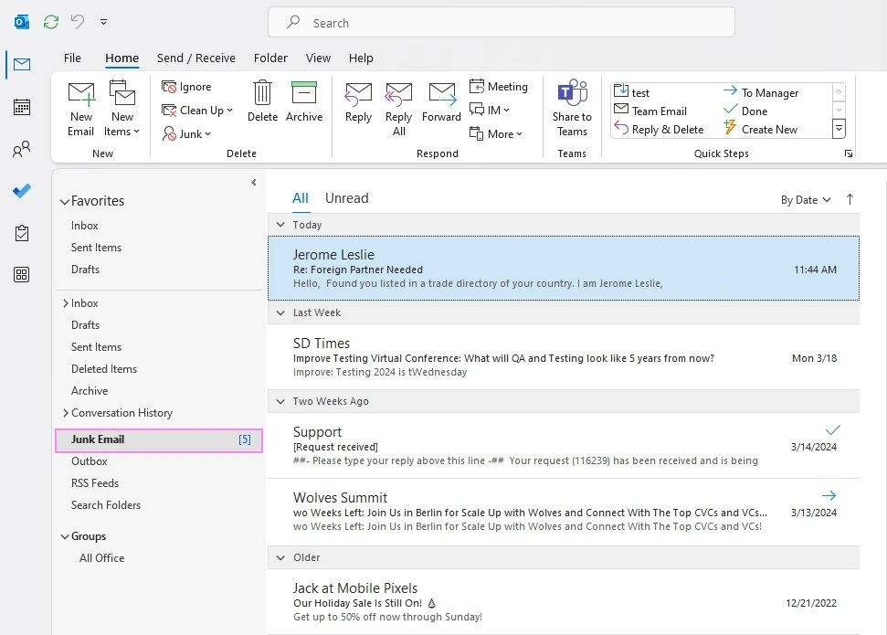 Outlook spam folder