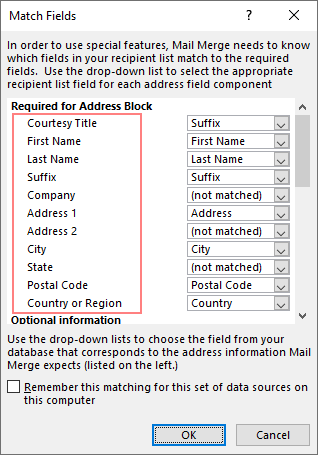 Address block fields for mail merge in Word