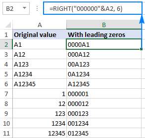 Add leading zeros using the RIGHT function.