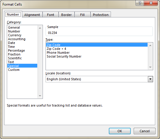 Special formats for postal codes, telephone numbers and social security numbers