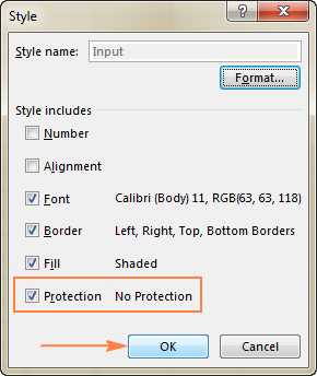 The Style dialog window indicates the No Protection status.