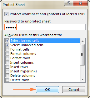 Type the password to protect the sheet, and select the actions you want to allow your users to perform.