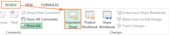 Unprotecting the worksheet in Excel