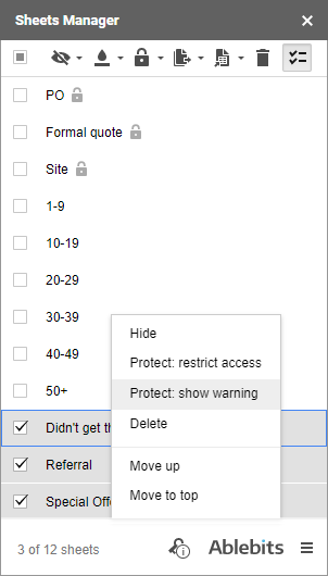 Lock Google sheets using the context menu of Sheets Manager.