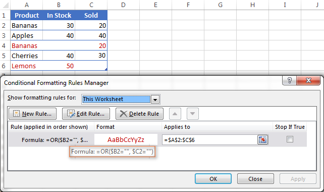 Using the OR function in Excel conditional formatting