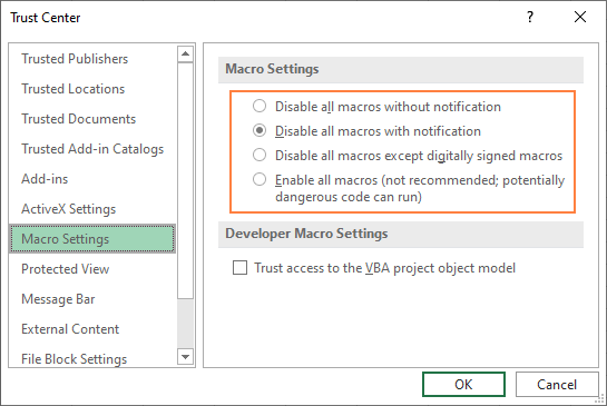 Excel macro settings