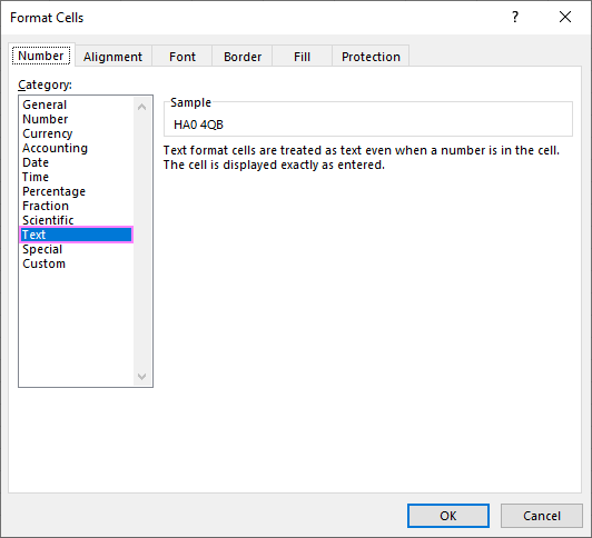 Use the <em>Format Cells</em> dialog box to format numbers as text.