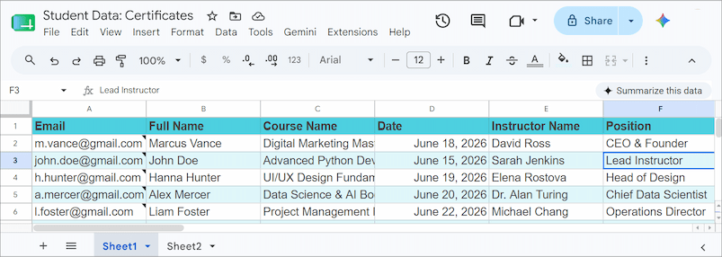 Arranging recipient contact directory database in Google Sheets table rows.