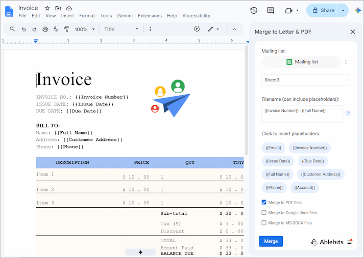 Using Merge to Letter and PDF option.