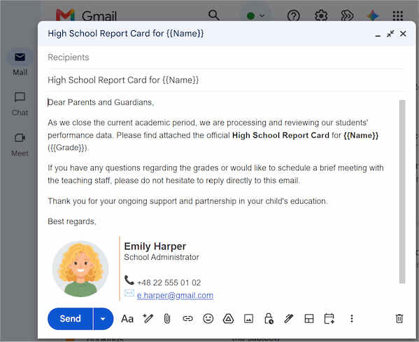 Creating a template draft layout with merge fields tags in Gmail.