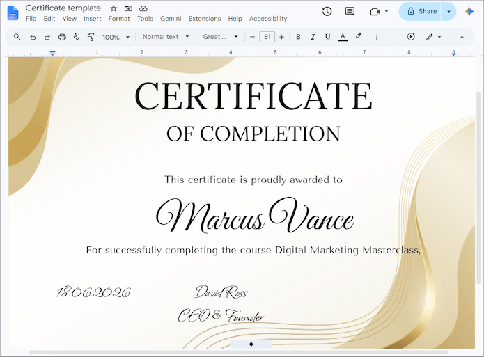 Designing the certificate layout template document directly within Google Docs editor.