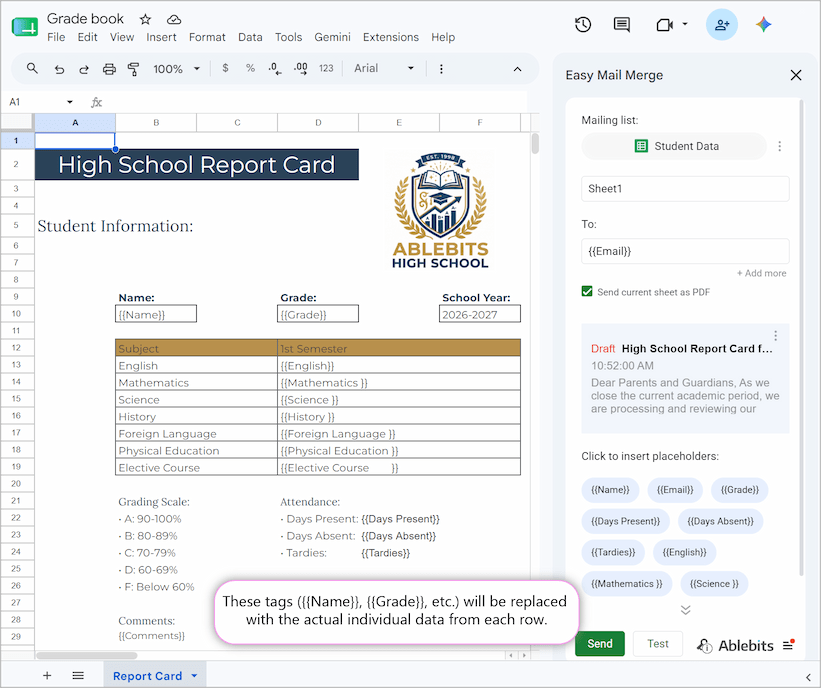 Building a custom report card layout inside Google Sheets.