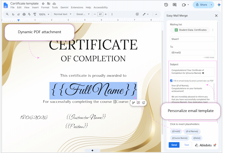 Adjusting configuration properties inside the Easy Mail Merge sidebar of Google Docs.