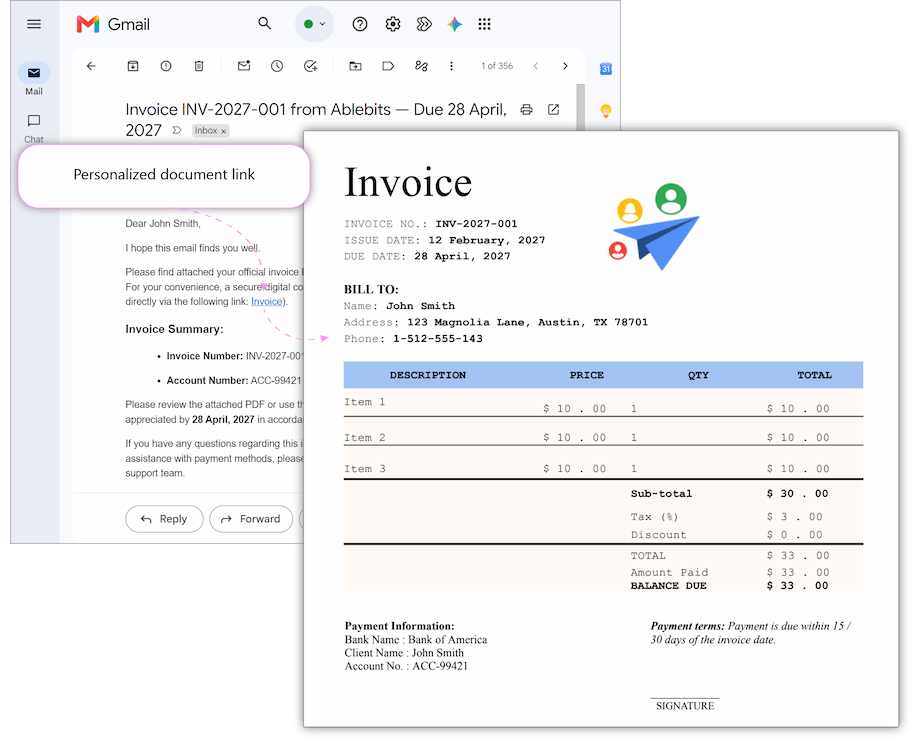 Mailing result presentation with active links. Reviewing output mail message with dynamic hyperlink to file attachment asset.
