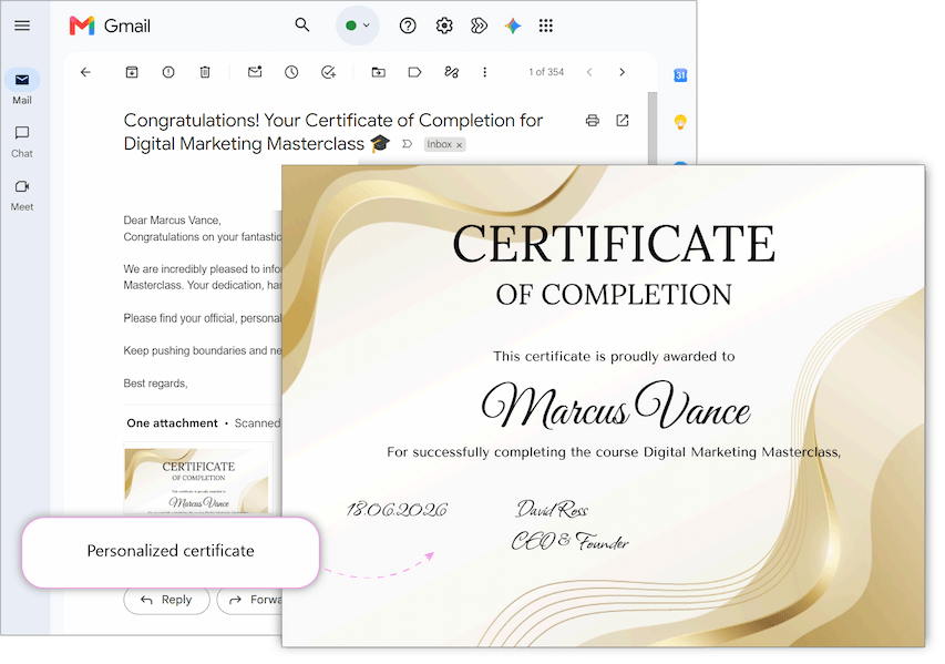 Personalized PDF certificate received as an email attachment in Gmail with recipient's name and course details. Personalized PDF certificate received as an email attachment in Gmail with recipient's name and course details