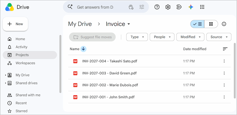 Viewing generated standalone output PDF invoice documents collected in a target folder.