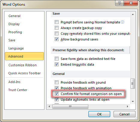 Select the "Confirm file format conversion on open" check box.