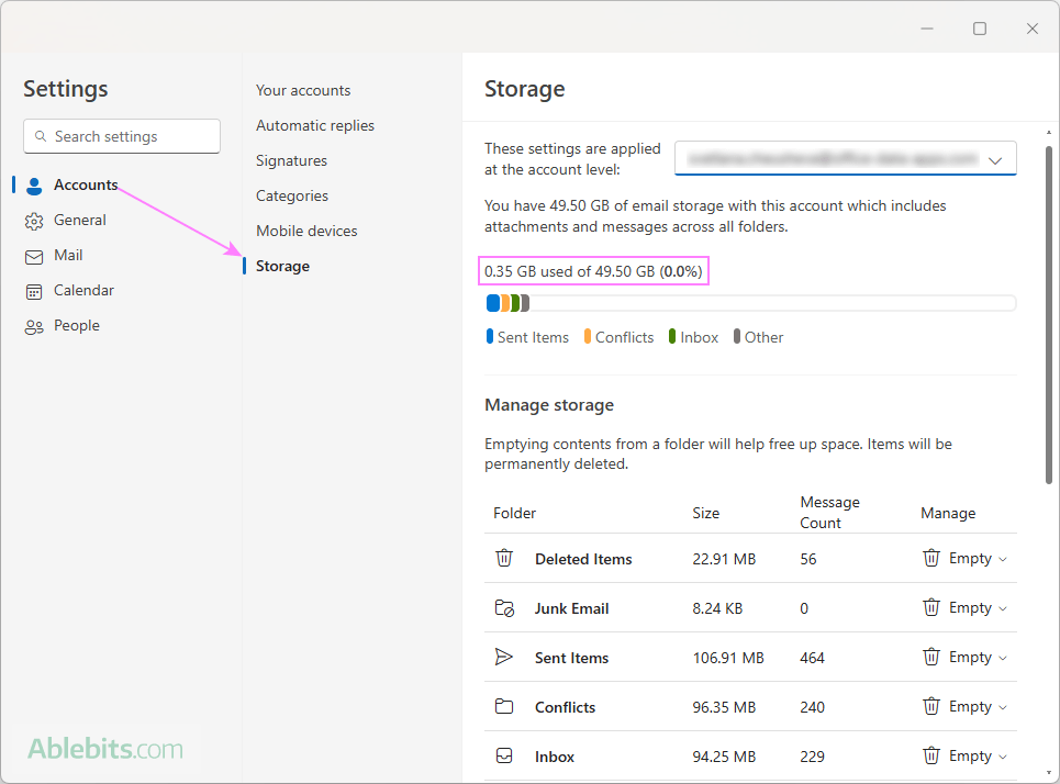 Check the mailbox size in the new Outlook.
