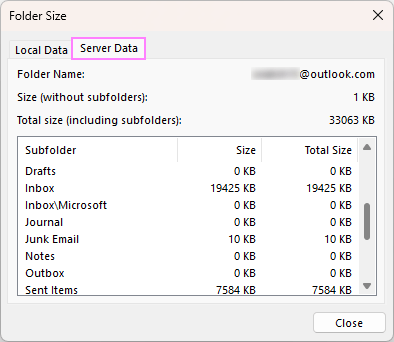 Get the Outlook mailbox size, both locally and on the server.