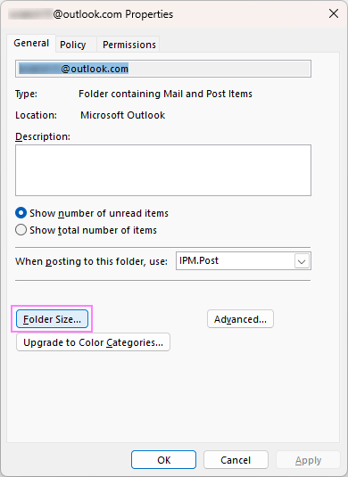 View the folder size in Outlook.