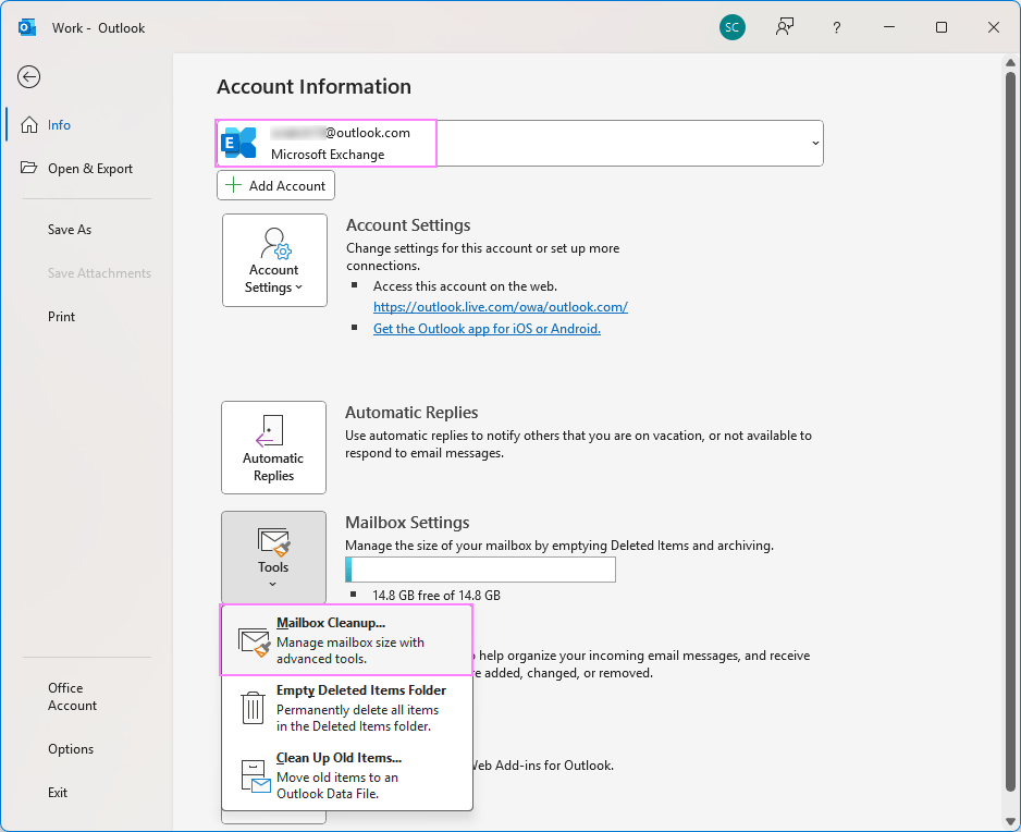 Open the Mailbox Cleanup tool in Outlook.
