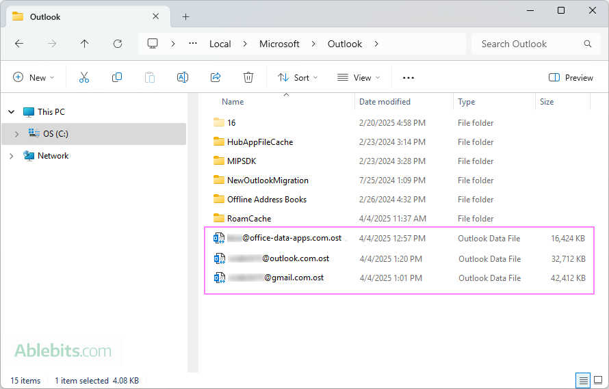 View the size of multiple Outlook data files.