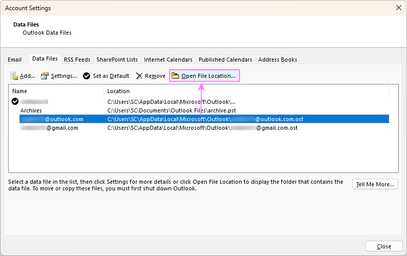 Determine the location of the .pst or .ost file on your computer.