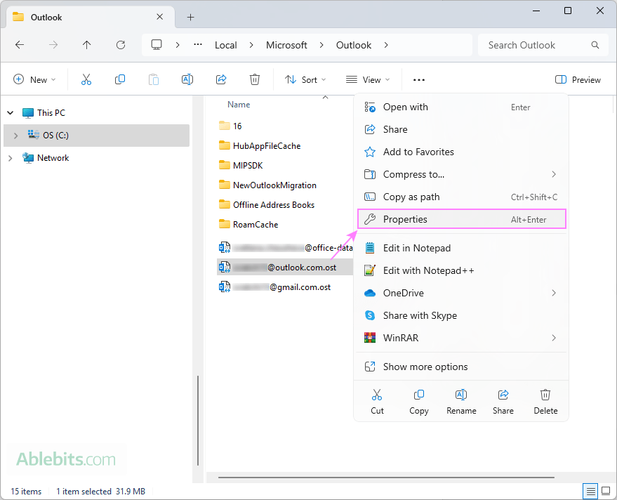 Access the .pst or .ost file properties.