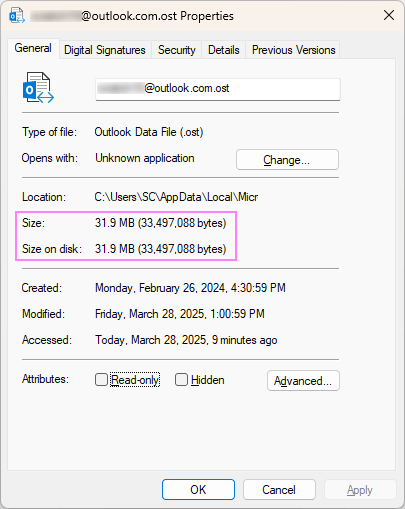 Check Outlook PST and OST file size.