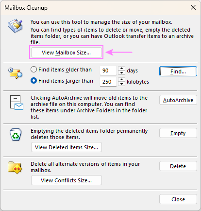 View the mailbox size in Outlook.