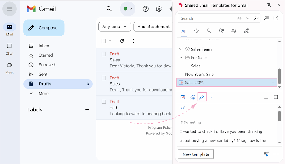Where to find the Edit option in the Shared Email Template sidebar.