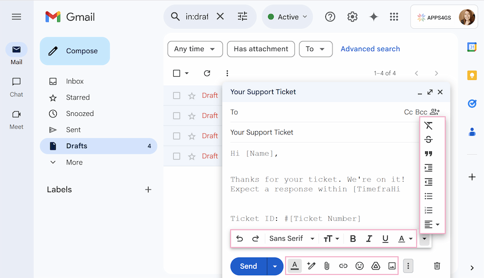 The standard text editor in Gmail compose window.