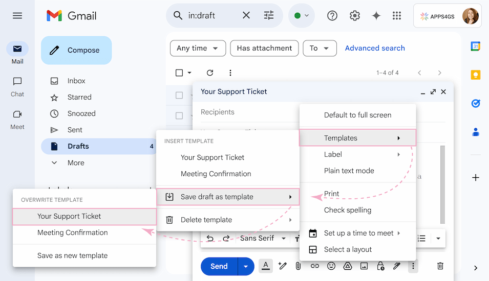 Opening OVERWRITE TEMPLATE to save changes to an existing email template.