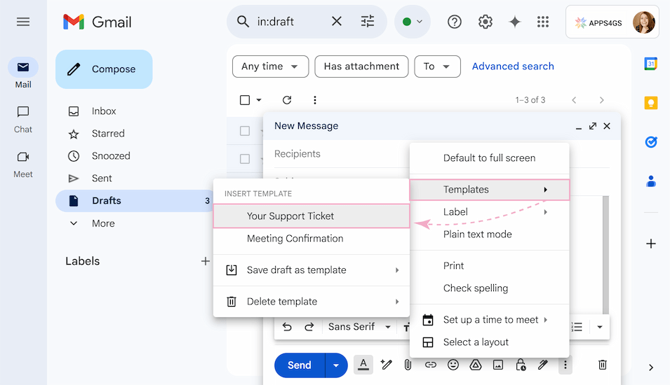 Selecting the template you wish to modify from your saved templates.
