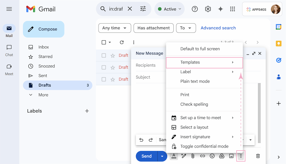 The Template tab appears when you open the More options menu in the toolbar.