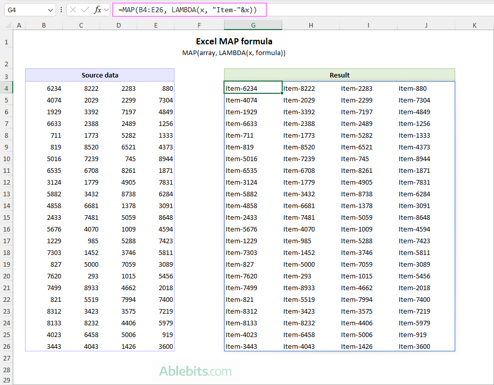 Use the Excel MAP function with one array.