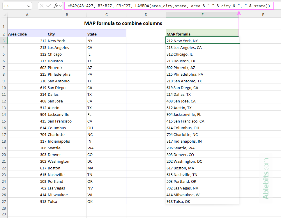 MAP formula to combine columns.