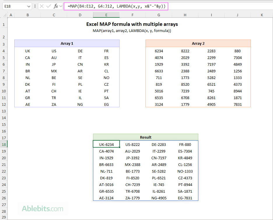 Use the Excel MAP function with multiple arrays.