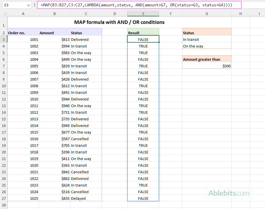 Excel MAP formula with multiple AND / OR conditions.